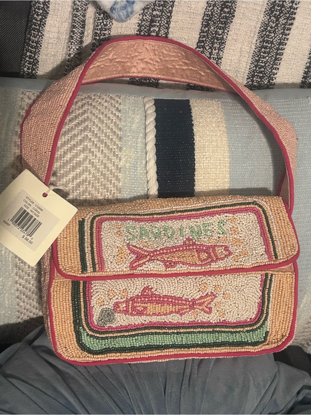Hand-Beaded Sardine Motif Beaded Bag - Pink / Green